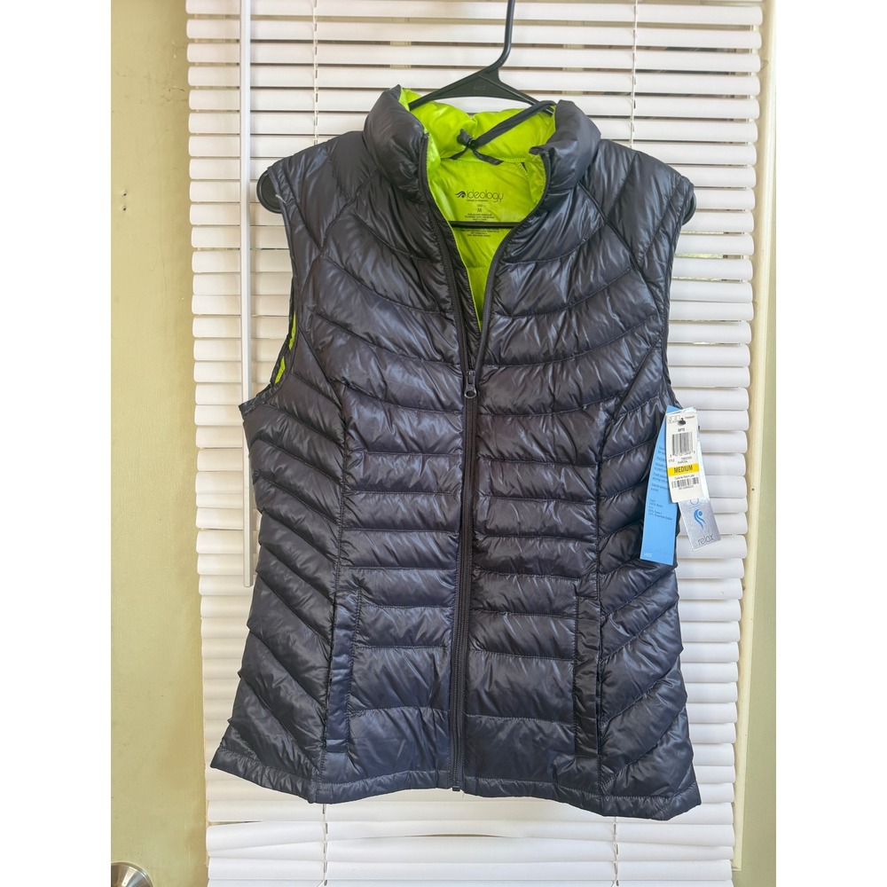 Ideology Womens Packable Down Puffer Vest Navy Blue Neon Green Medium NWT